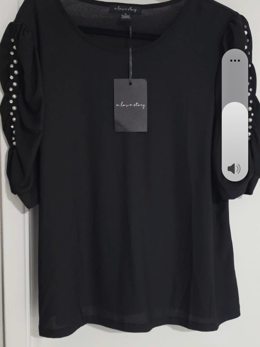 A New Story Black Short Sleeve Scoop Neck Top with Pearl-Accent Sleeves